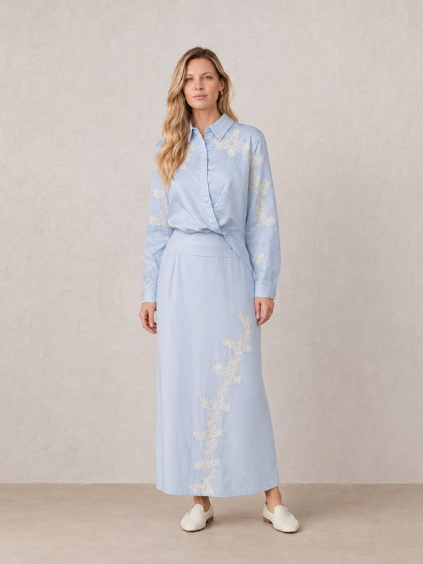 Lace Cutout Cotton Crossover Top-Light Blue