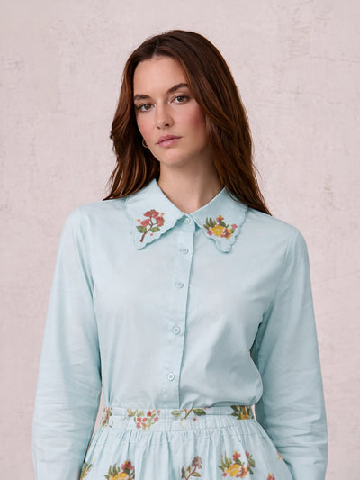 Embroidered Collar Button Down Blouse-Mint