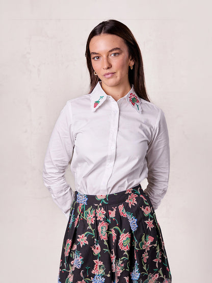 Embroidered Collar Button Down Blouse-White