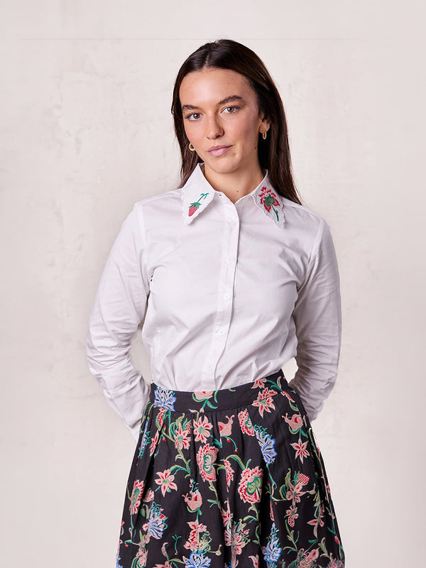 Embroidered Collar Button Down Blouse-White