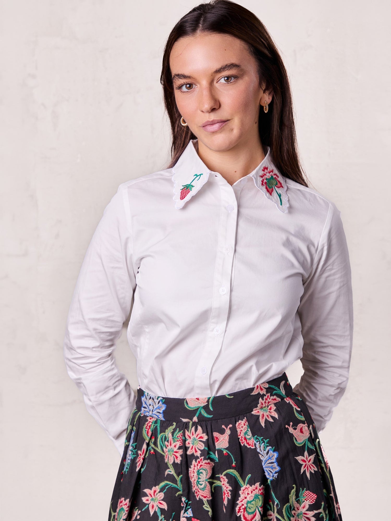 Embroidered Collar Button Down Blouse-White