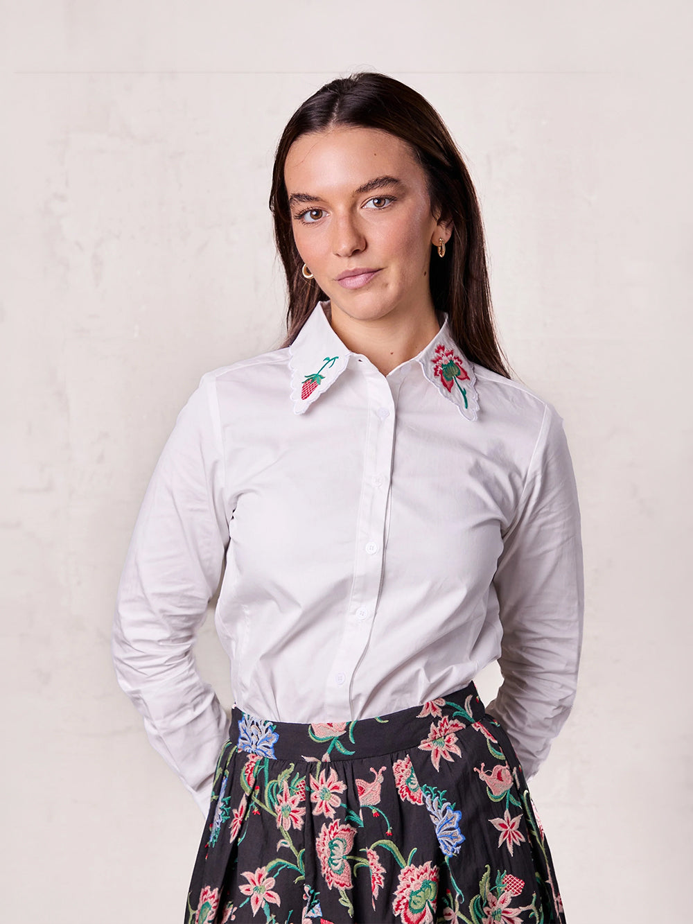 Embroidered Collar Button Down Blouse-White
