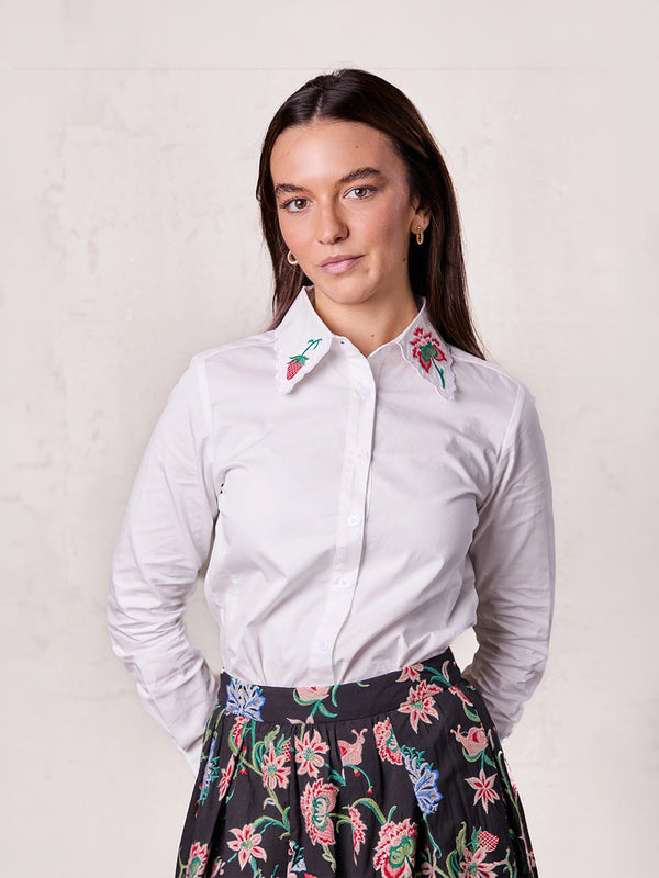 Embroidered Collar Button Down Blouse-White
