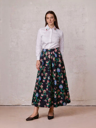 Embroidered Waisted Skirt-Black