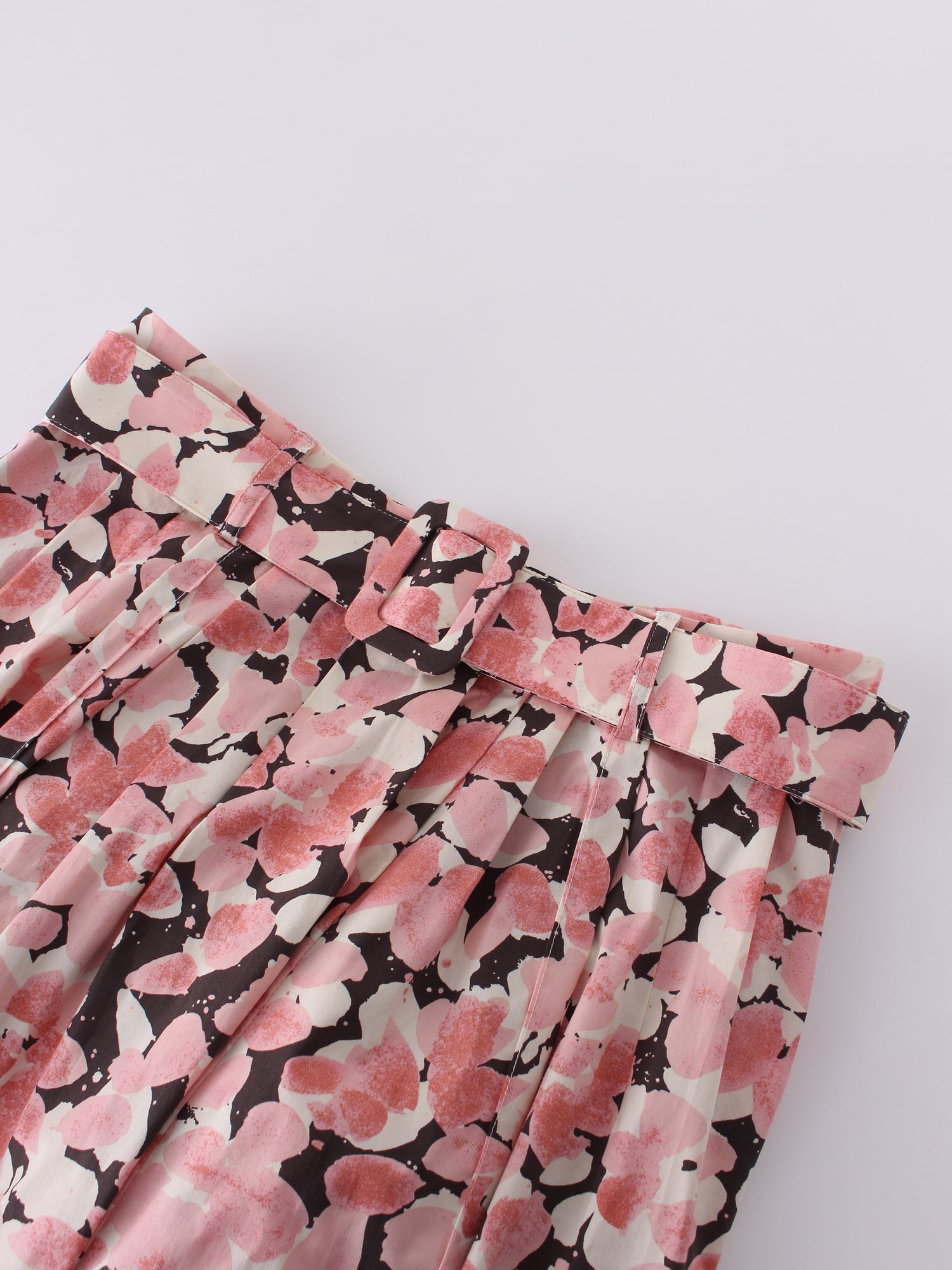 Belted Midi Skirt-Pink/Black Floral