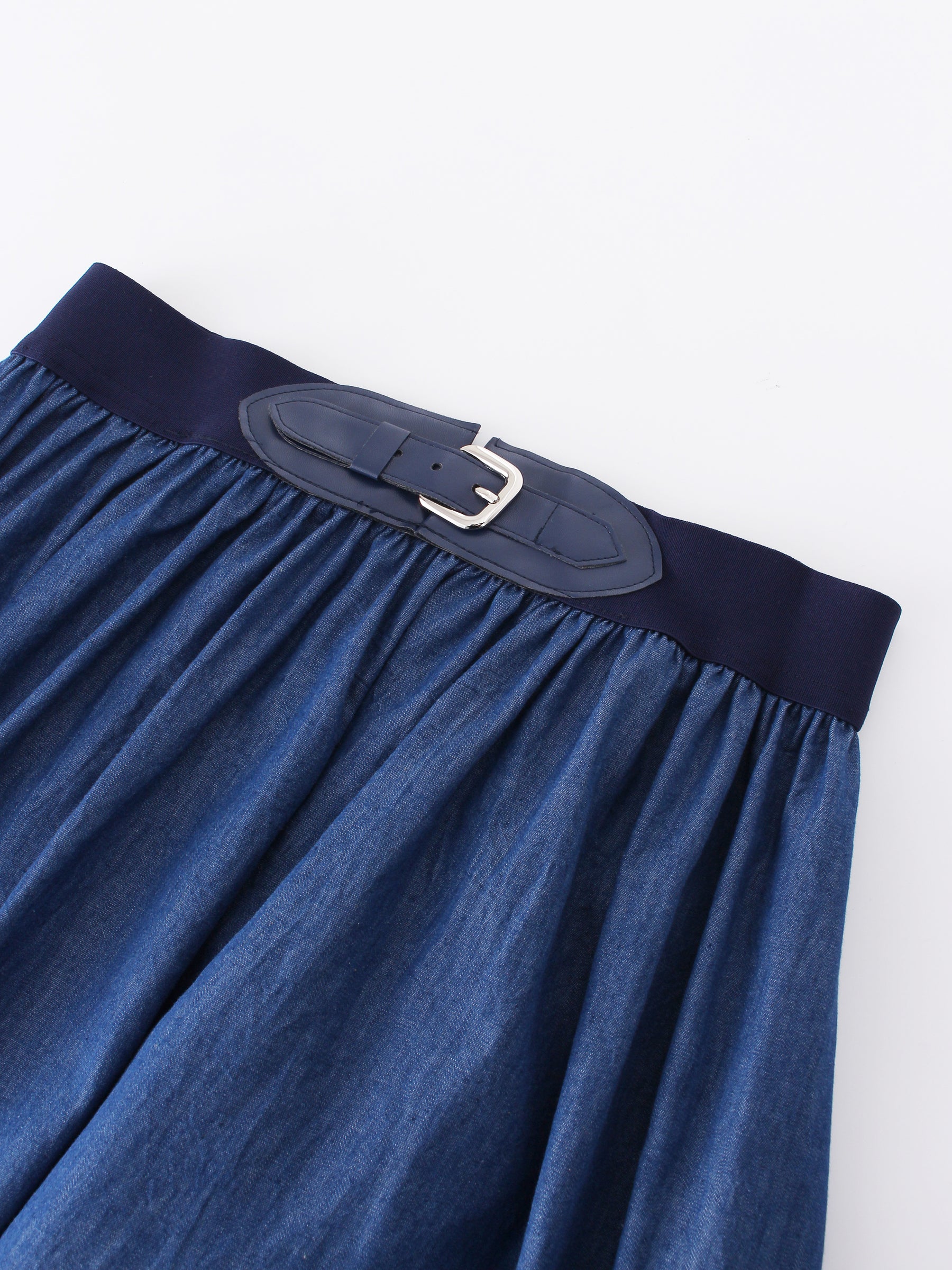 Leather Buckle Denim Skirt- Blue