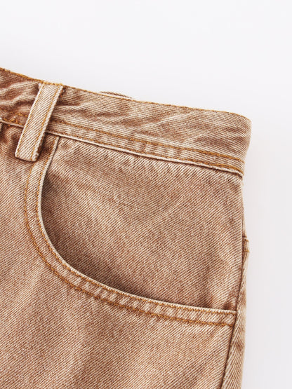 Denim Seamed Skirt-Brown