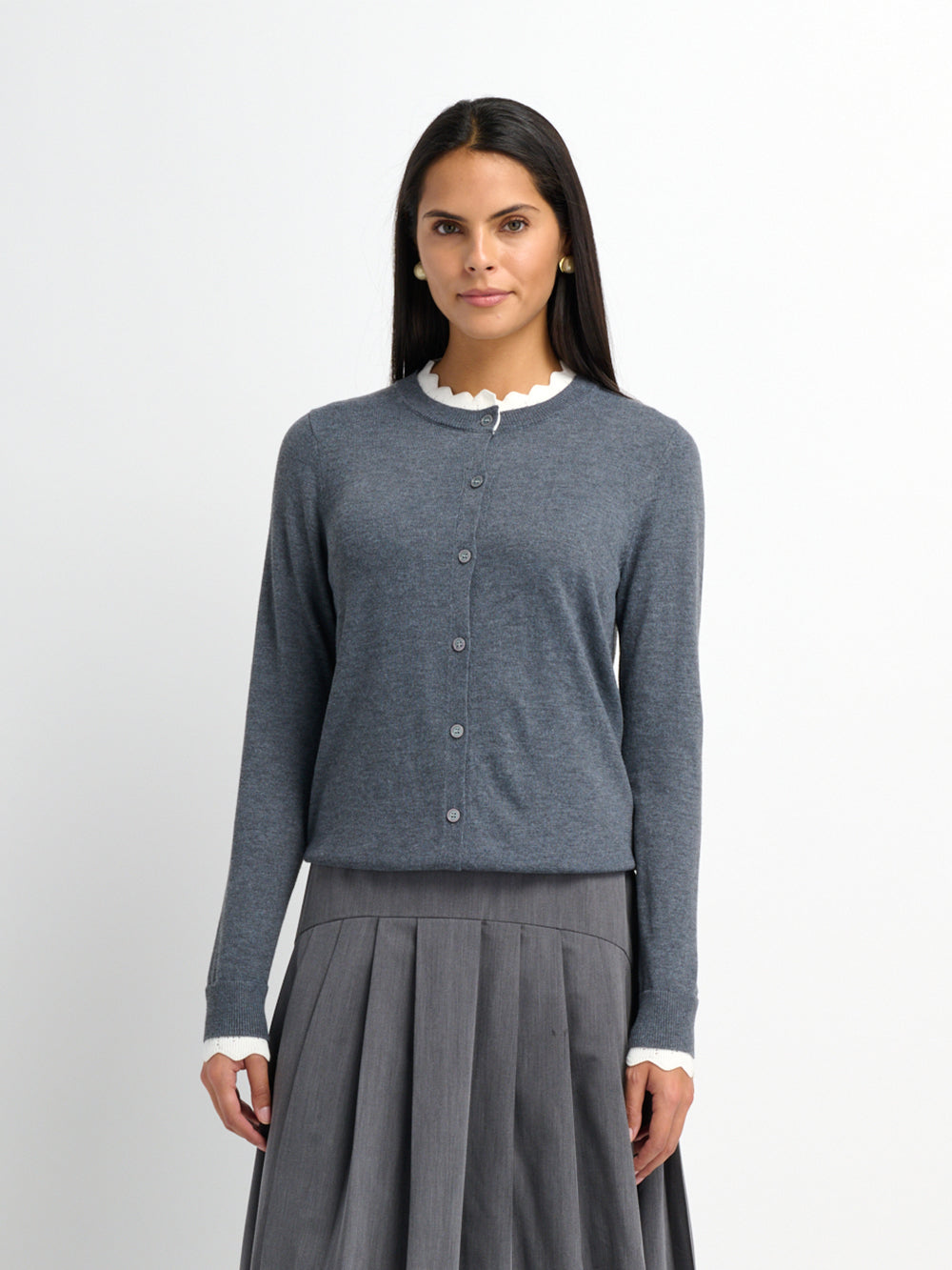 Eyelet Knit Trim Cardigan - Grey