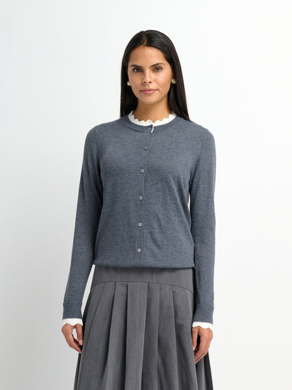 Eyelet Knit Trim Cardigan - Grey