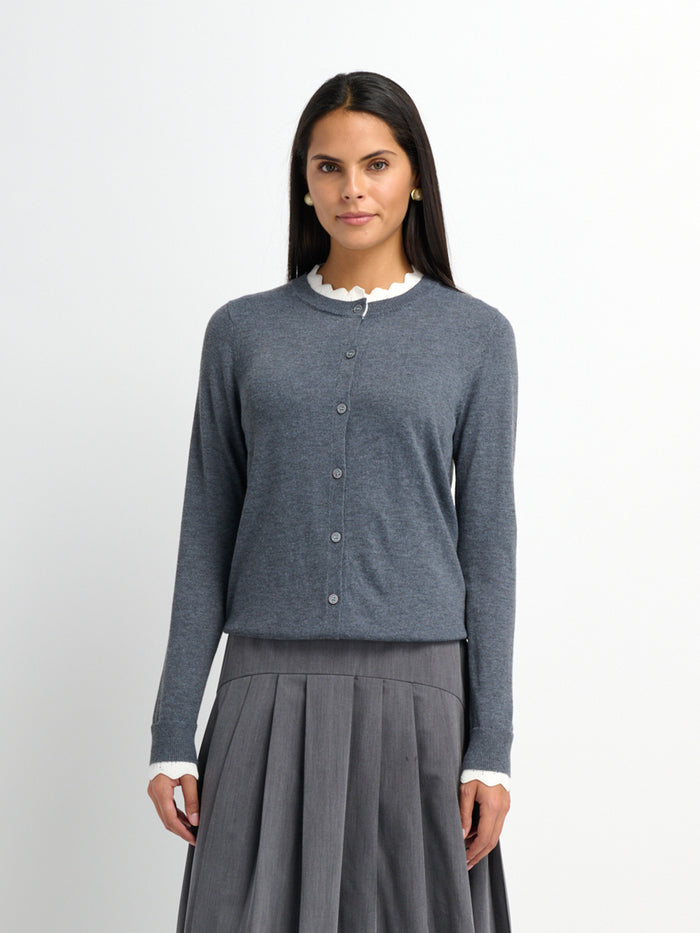 Eyelet Knit Trim Cardigan - Grey