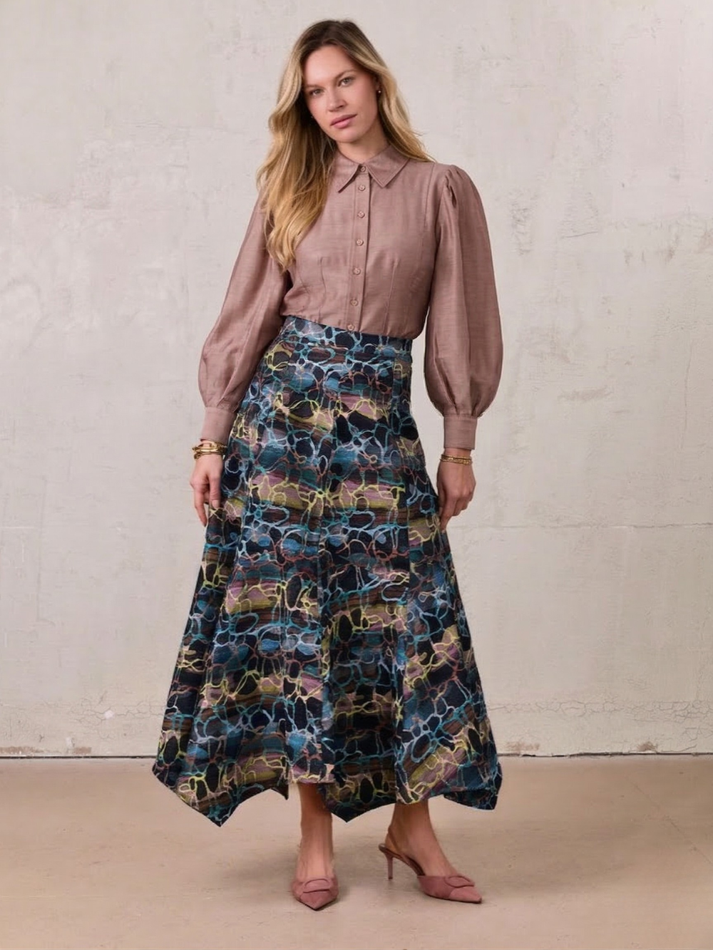 Textured Puff Sleeve Blouse-Mushroom