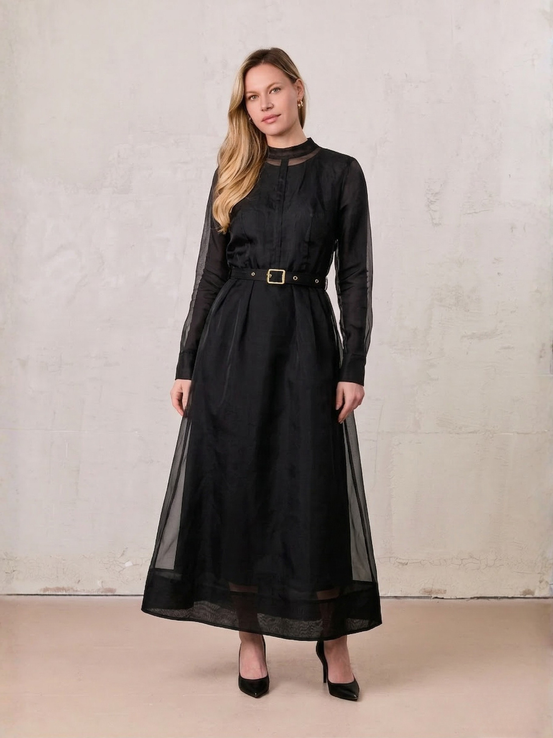 Organza Belted Shirtdress-Black
