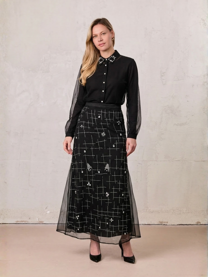 Organza Beaded Maxi Skirt-Black