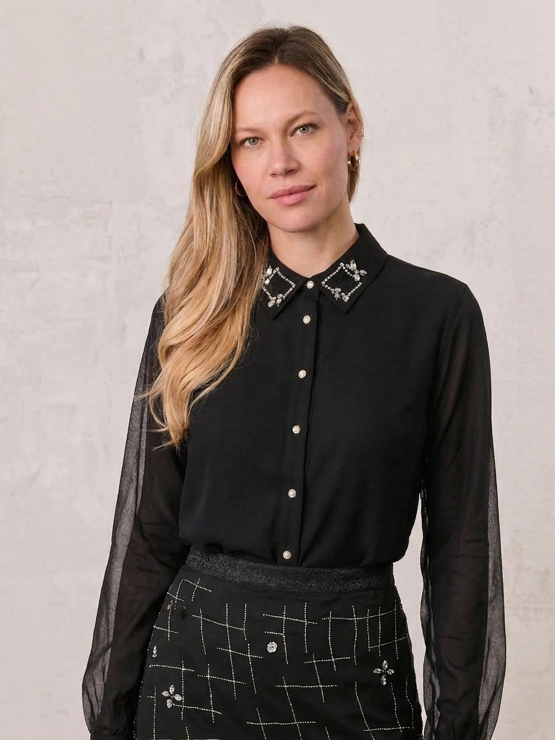 Organza Beaded Collar Blouse-Black