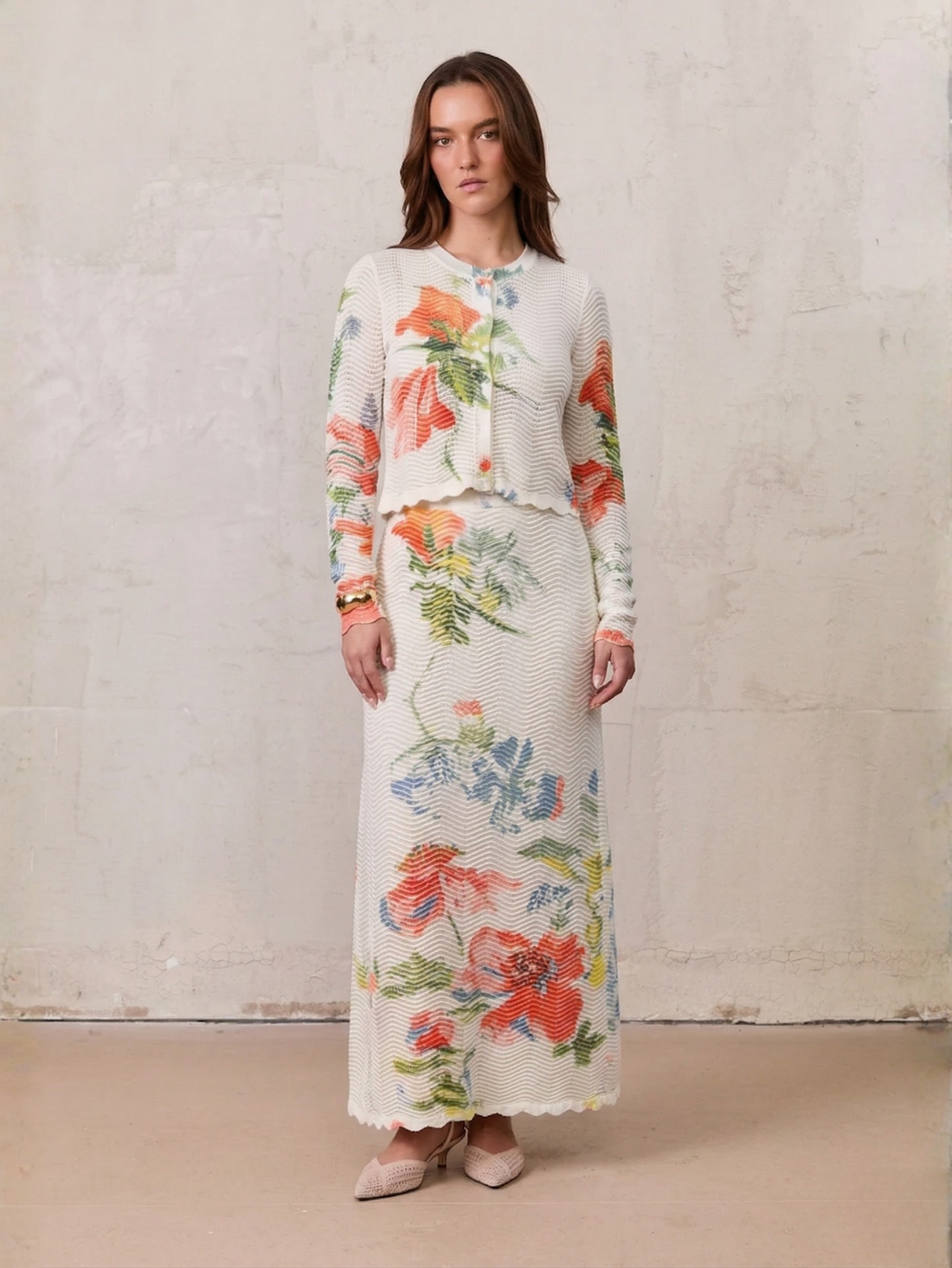 Wave Design Slip Dress-Coral Flower