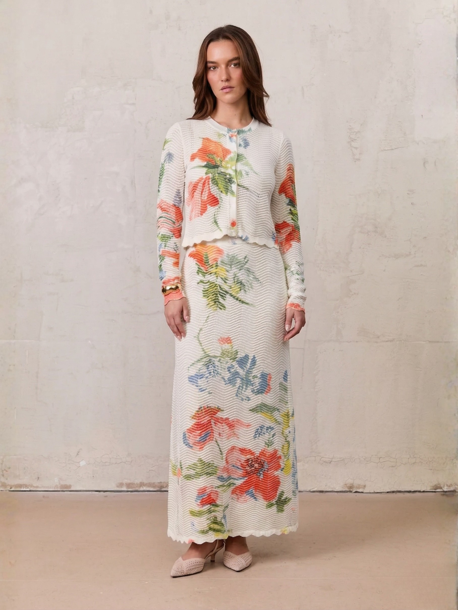 Wave Design Slip Dress-Coral Flower