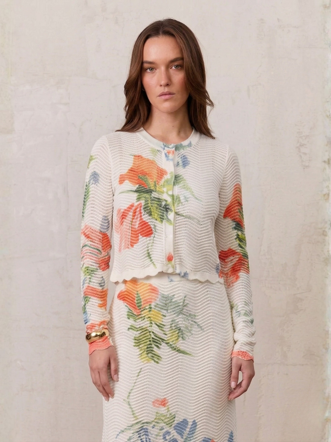 Printed Wave Cardigan-Coral Flower