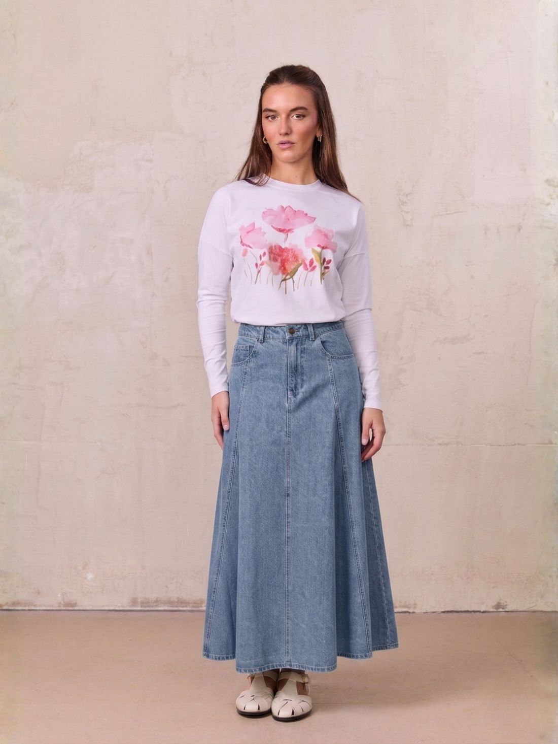Seamed Full Denim Skirt-Light Blue