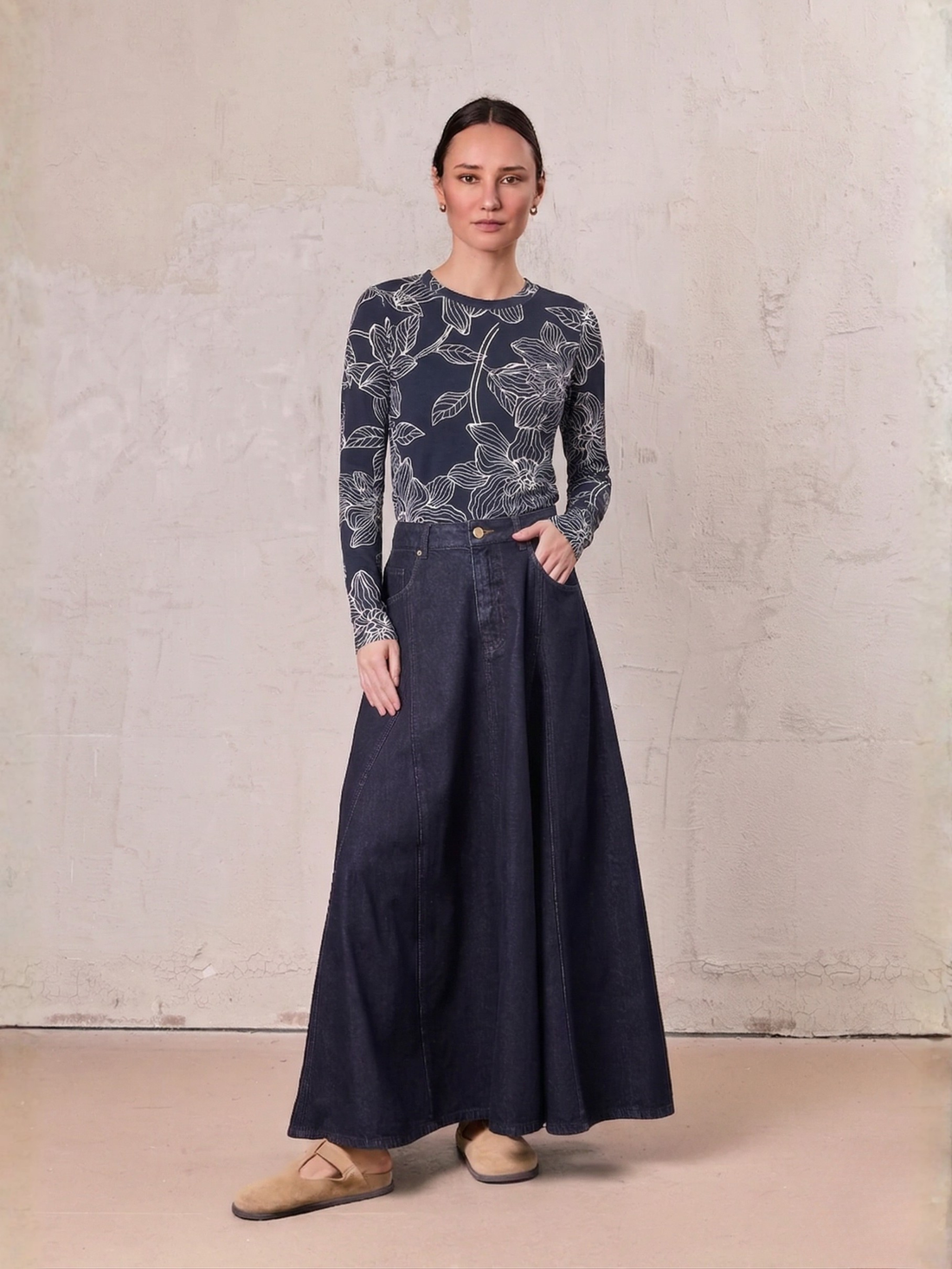 Seamed Full Denim Skirt-Dark Blue