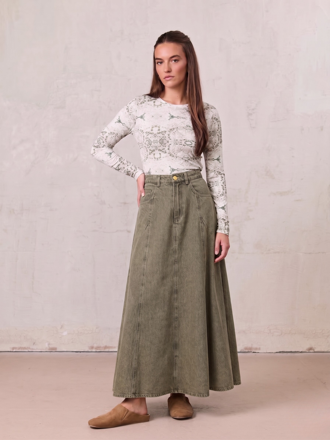 Seamed Full Denim Skirt-Olive