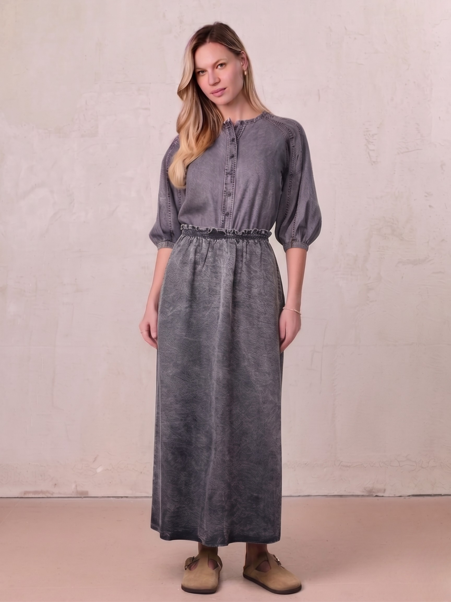 Elastic Ruffle Waist Denim Skirt-Black Wash