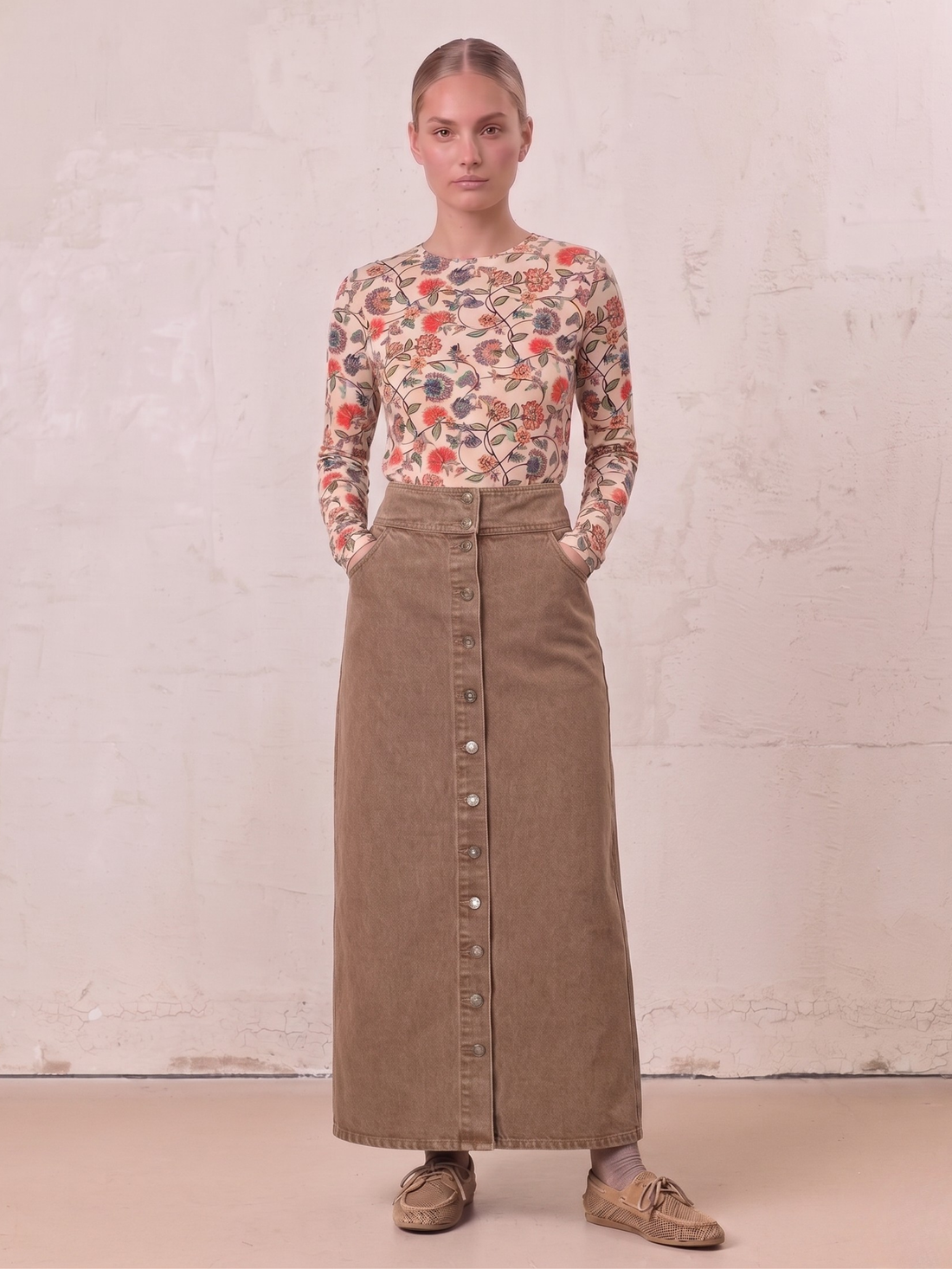 Button Down Denim Skirt-Brown