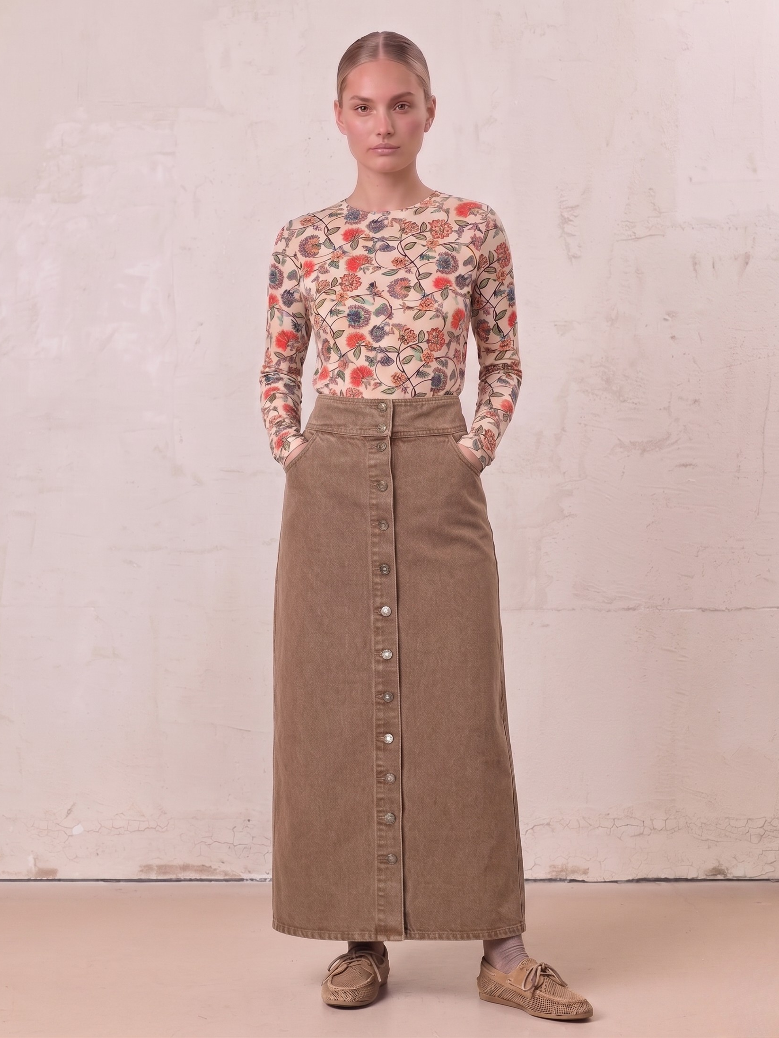 Button Down Denim Skirt-Brown