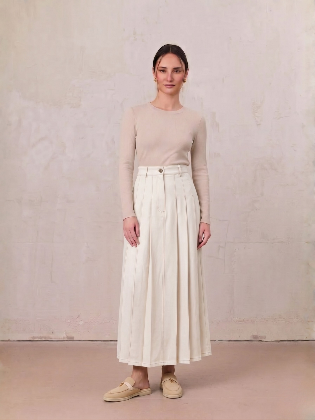 Stitched Pleated Denim Skirt-Cream