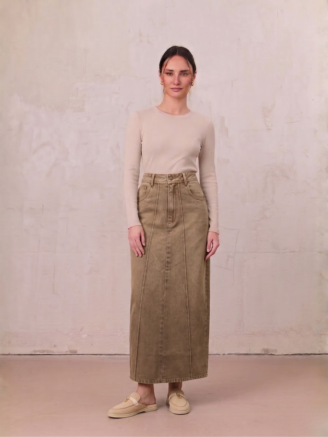 Denim Seamed Skirt-Tan Wash