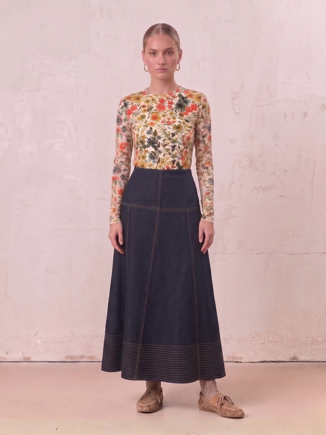 Border Stitched Yoke Denim Skirt-Blue