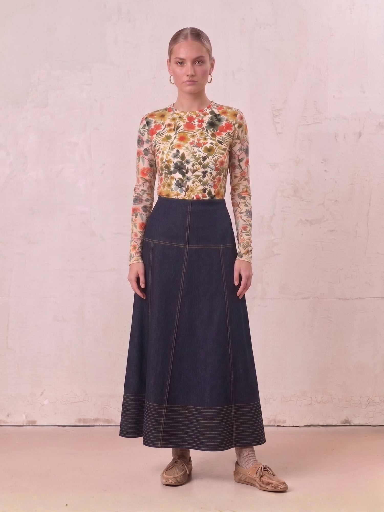 Border Stitched Yoke Denim Skirt-Blue