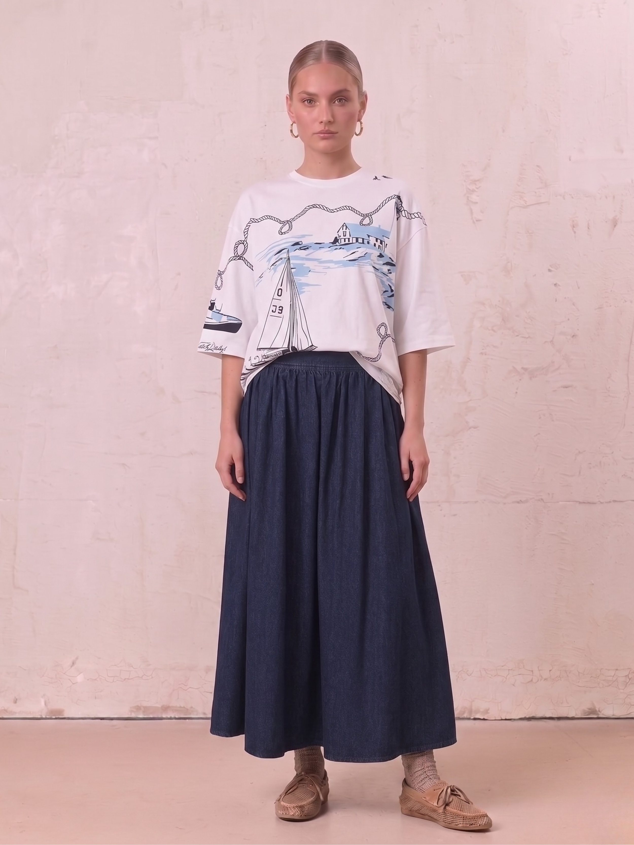 Washed Curved Yoke Denim Skirt-Dark Blue