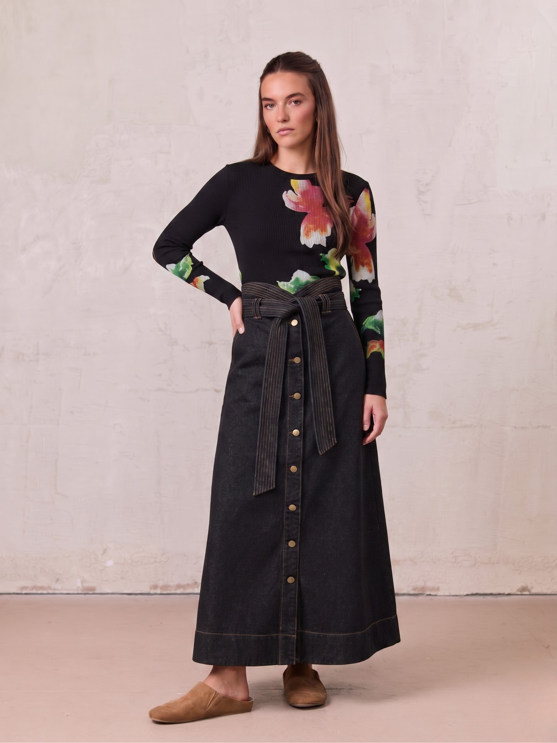 High Waist Button Down Denim Skirt-Black