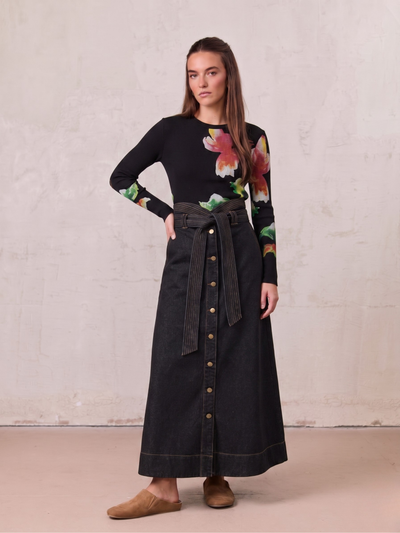 High Waist Button Down Denim Skirt-Black