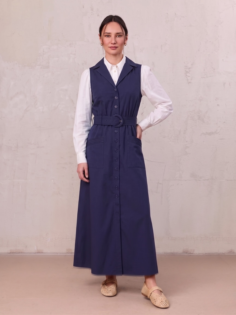 Button Down Belted Jumper-Navy