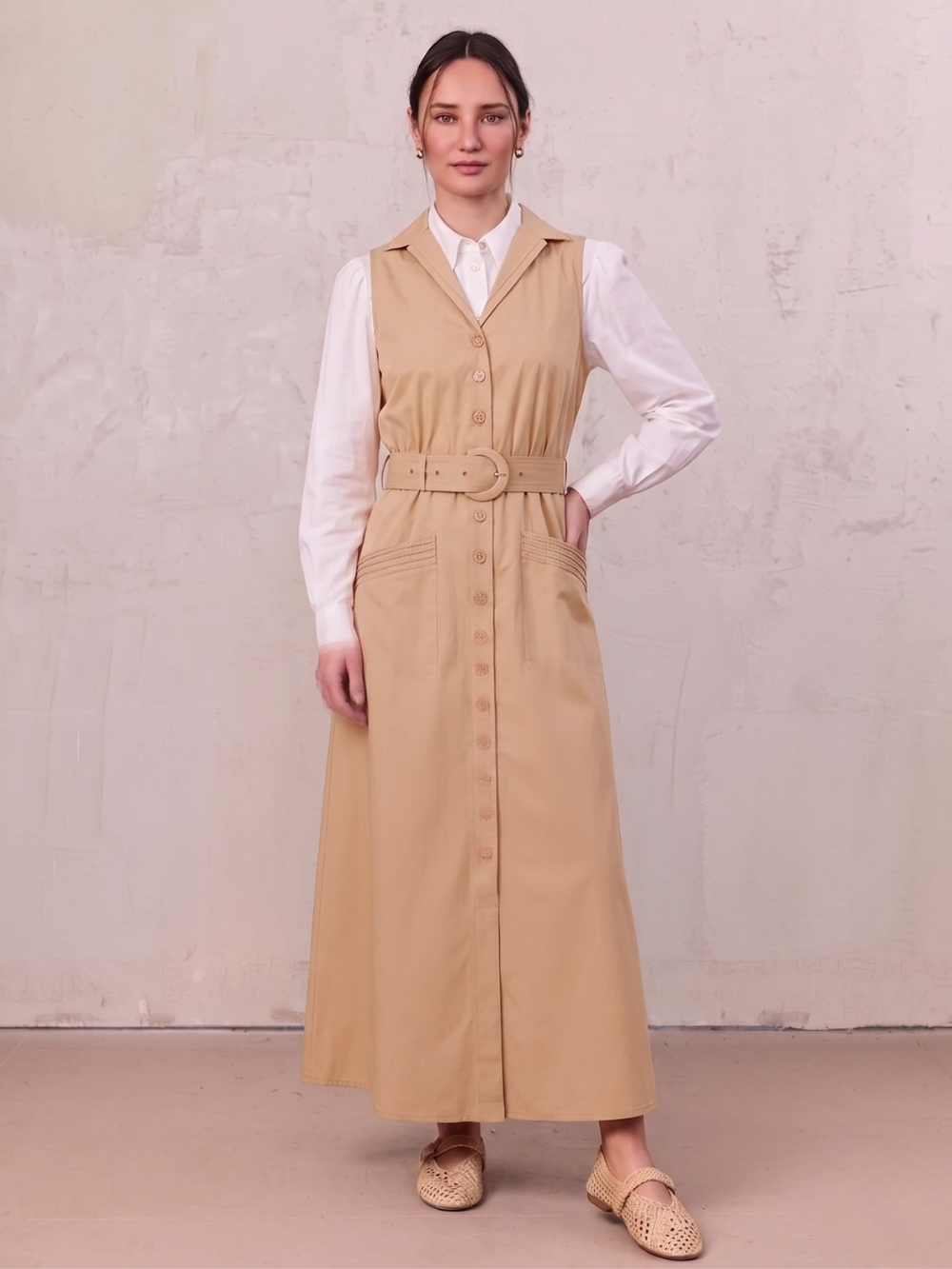 Button Down Belted Jumper-Sand