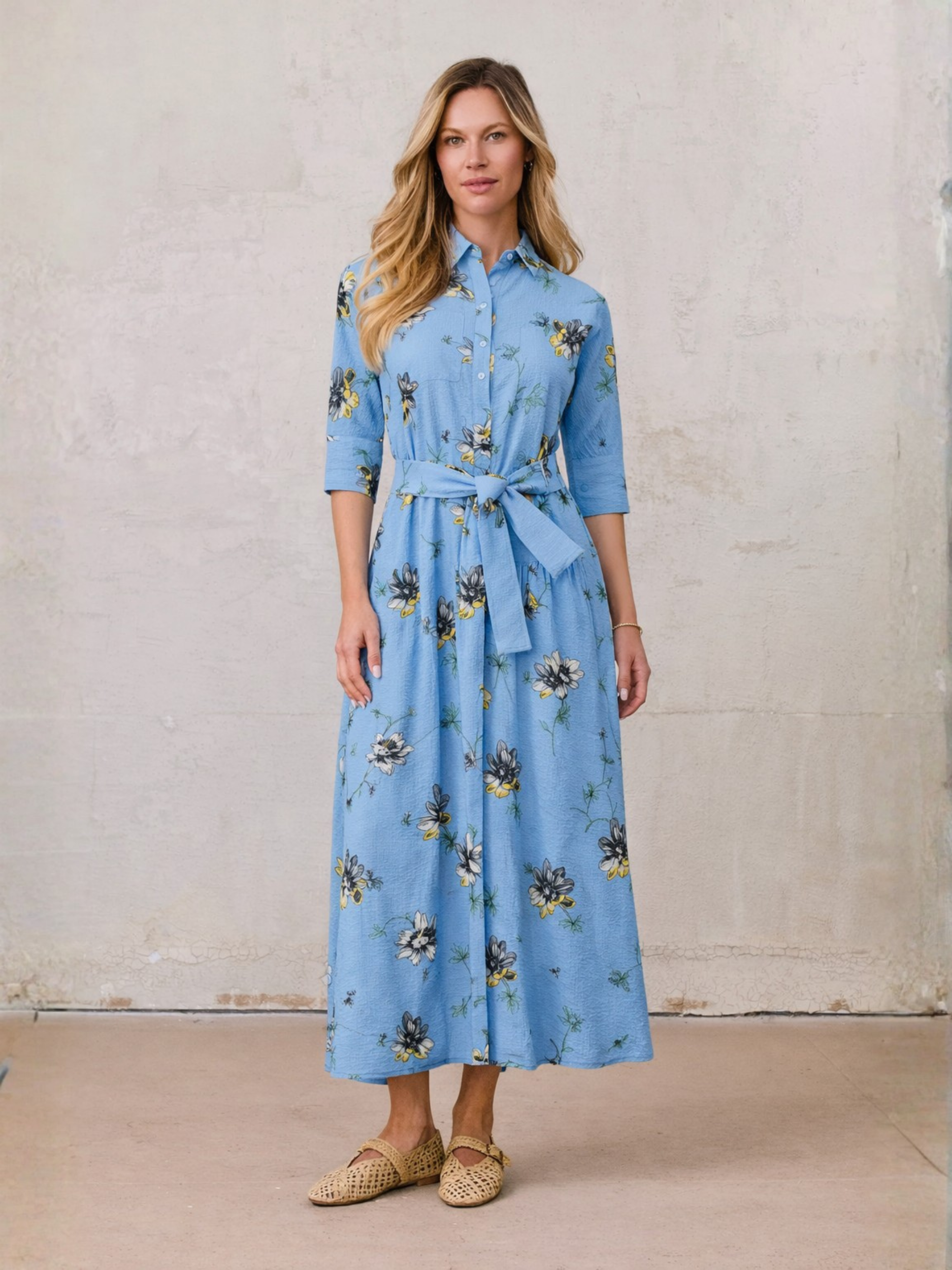 Yoke Gathered Belted Shirtdress-Yellow Pop Flower