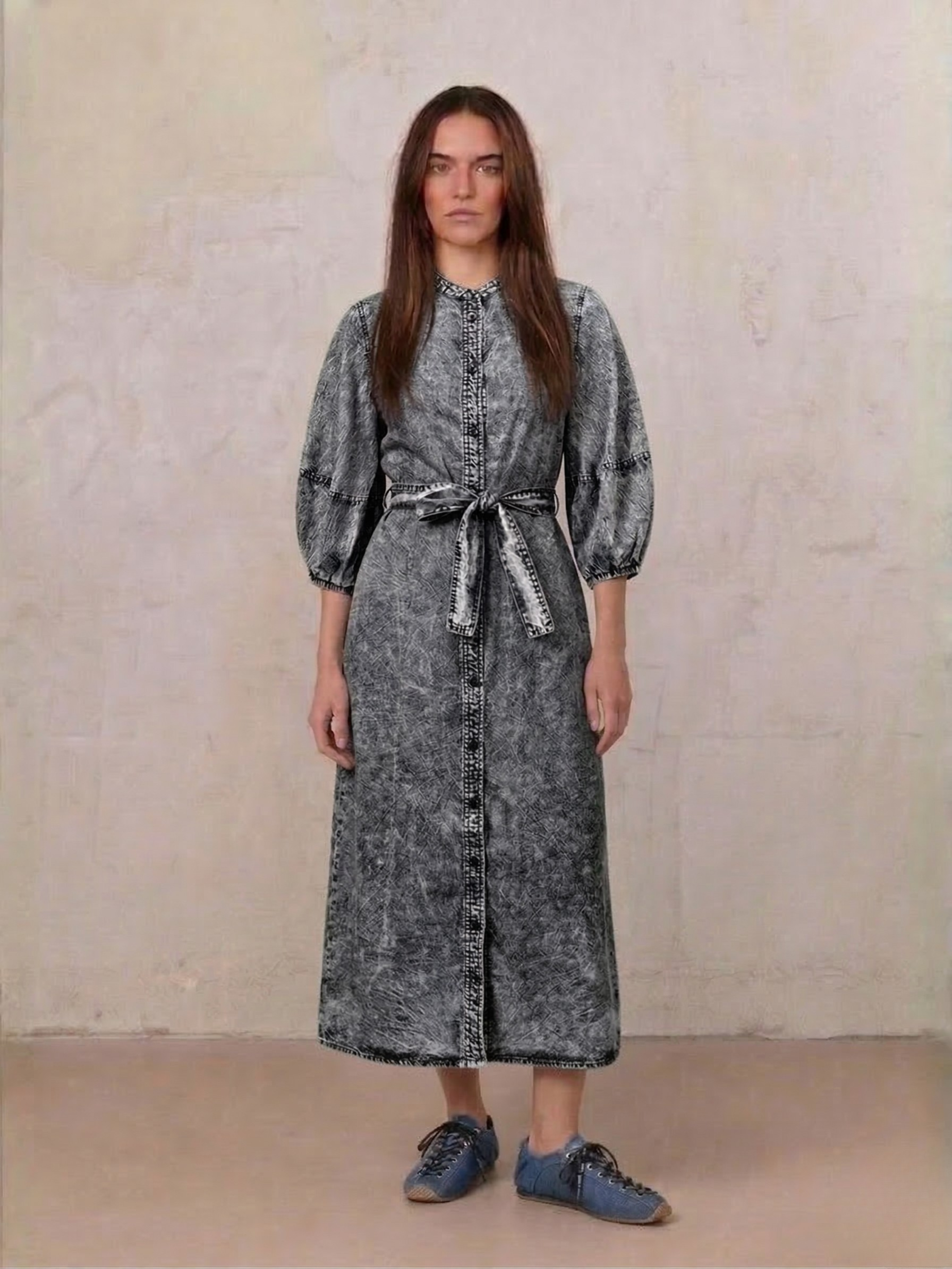 Puff Sleeve Denim Shirtdress-Black Wash