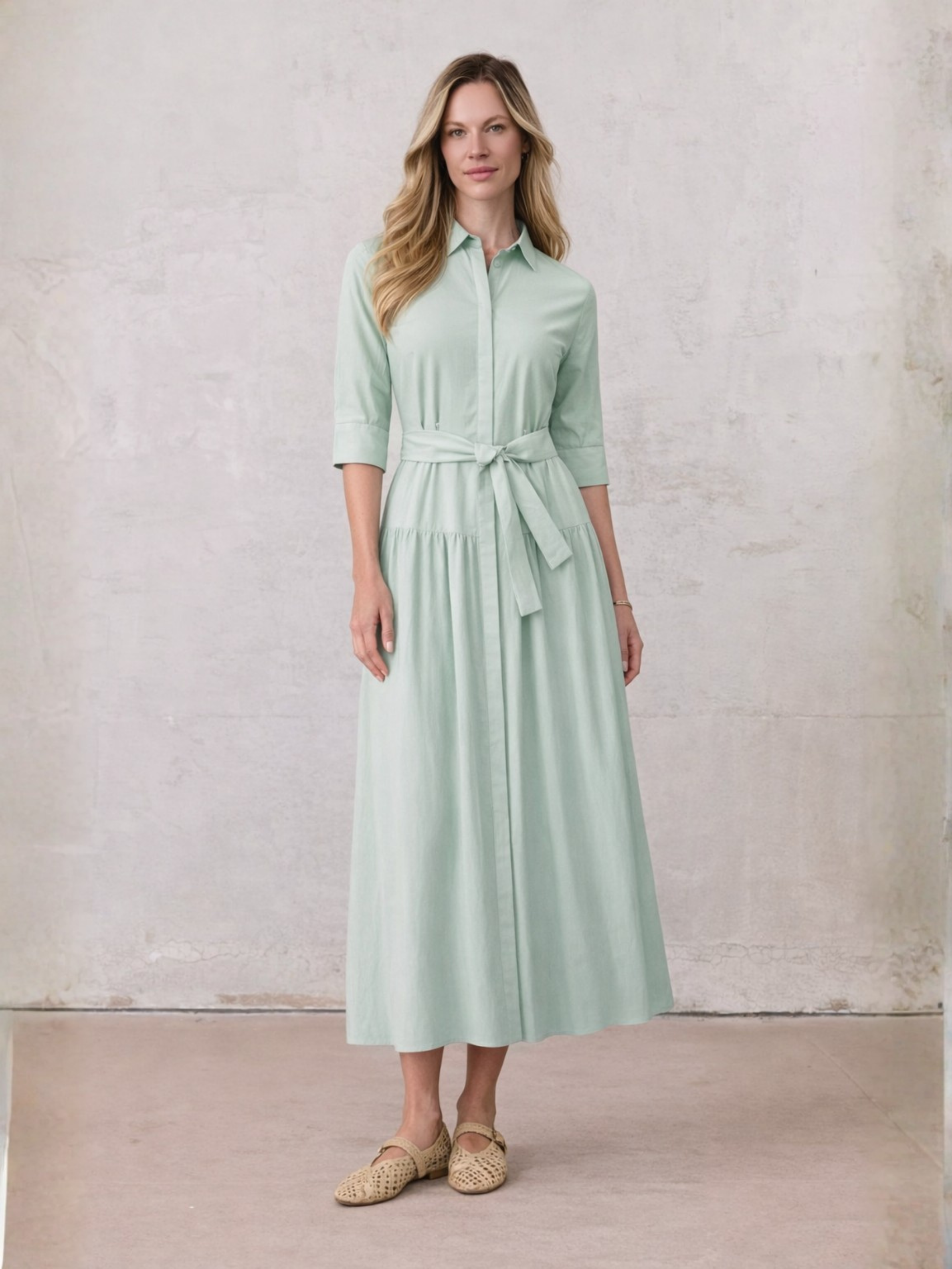 Cotton Yoke Gathered Dress-Mint
