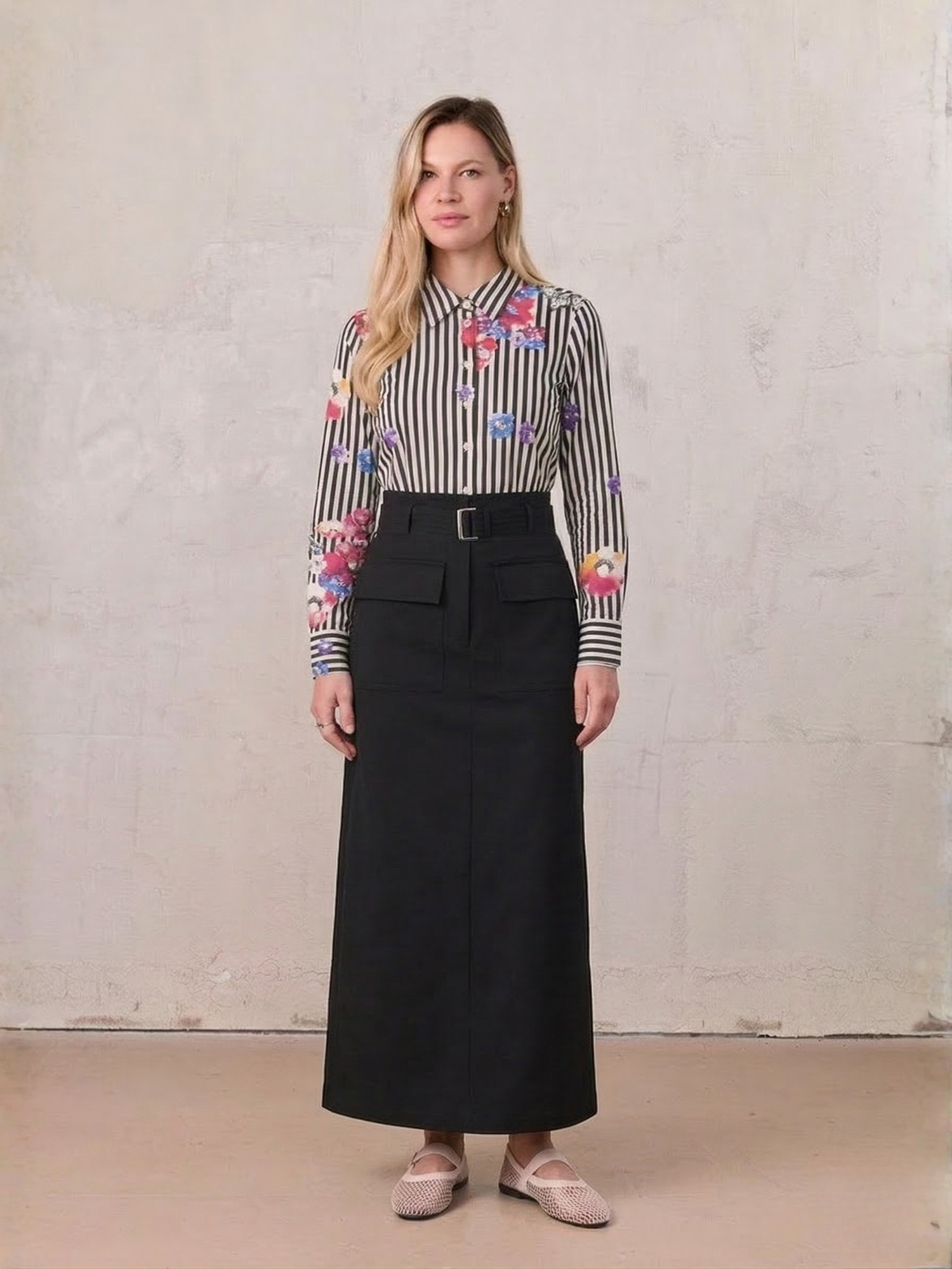 Belted Straight Cargo Pocket Skirt-Black