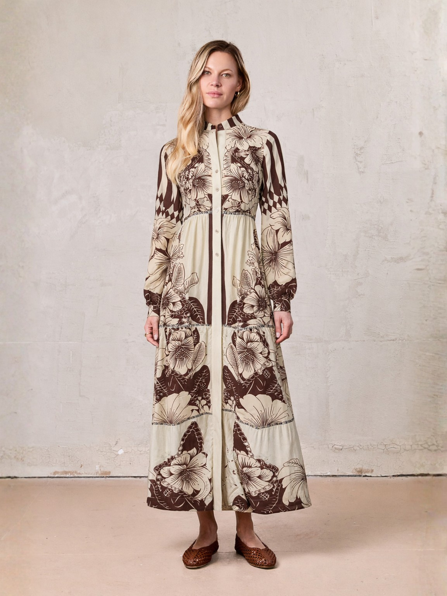 Peasant Belted Dress-Brown Floral