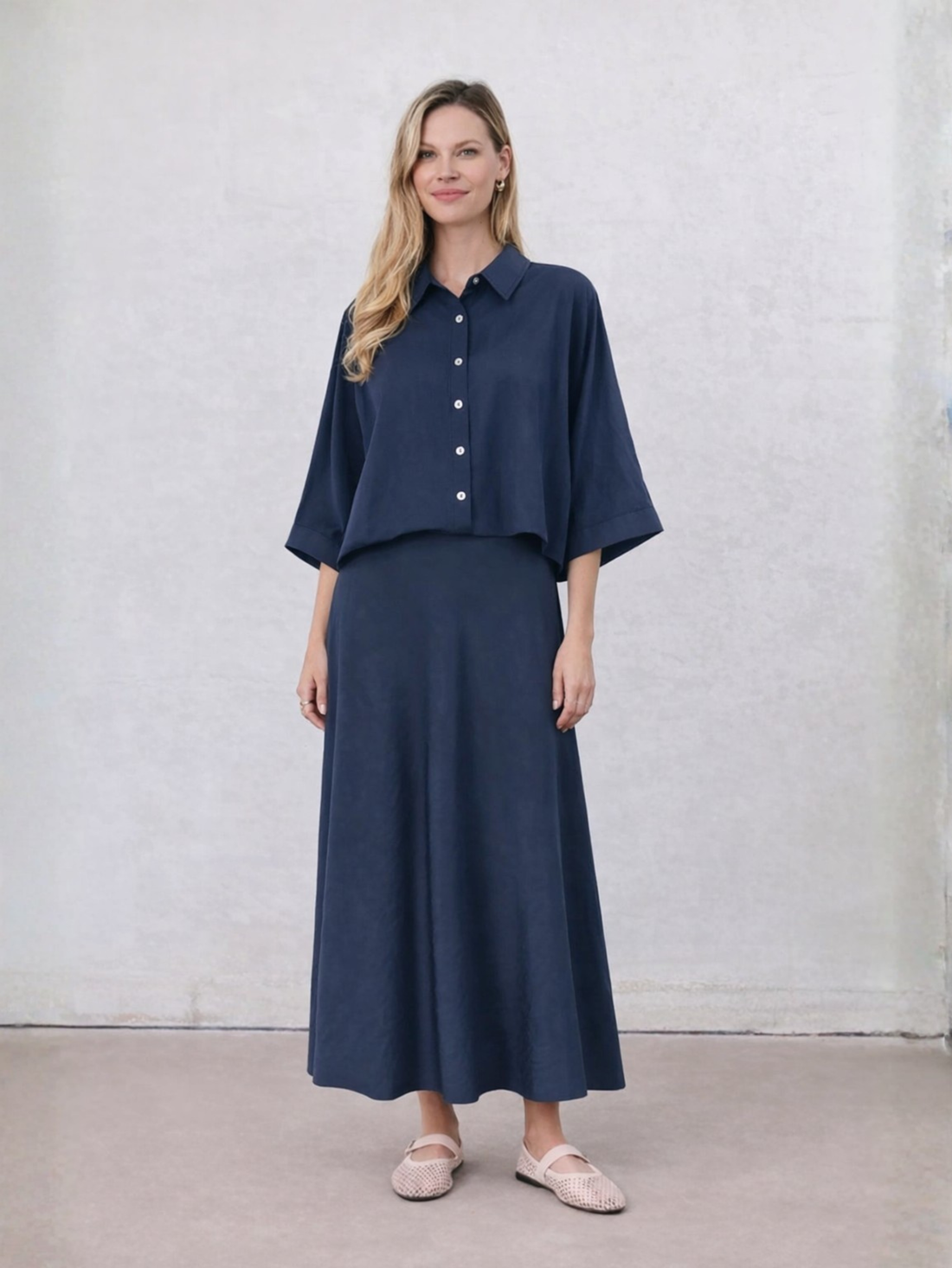 Crinkle Skirt 37"-Navy