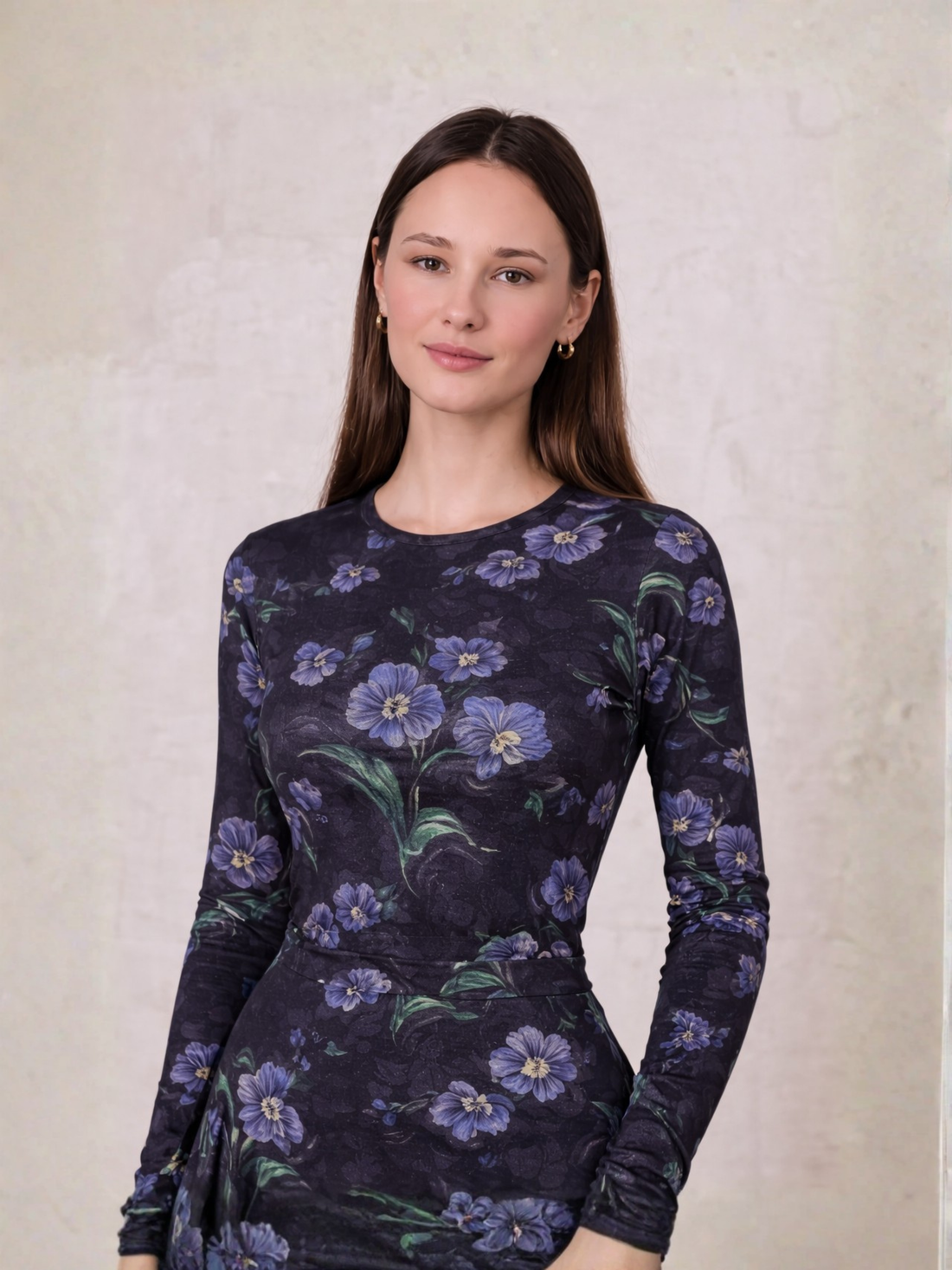 Mesh Crew Neck Print Top-Blue Floral