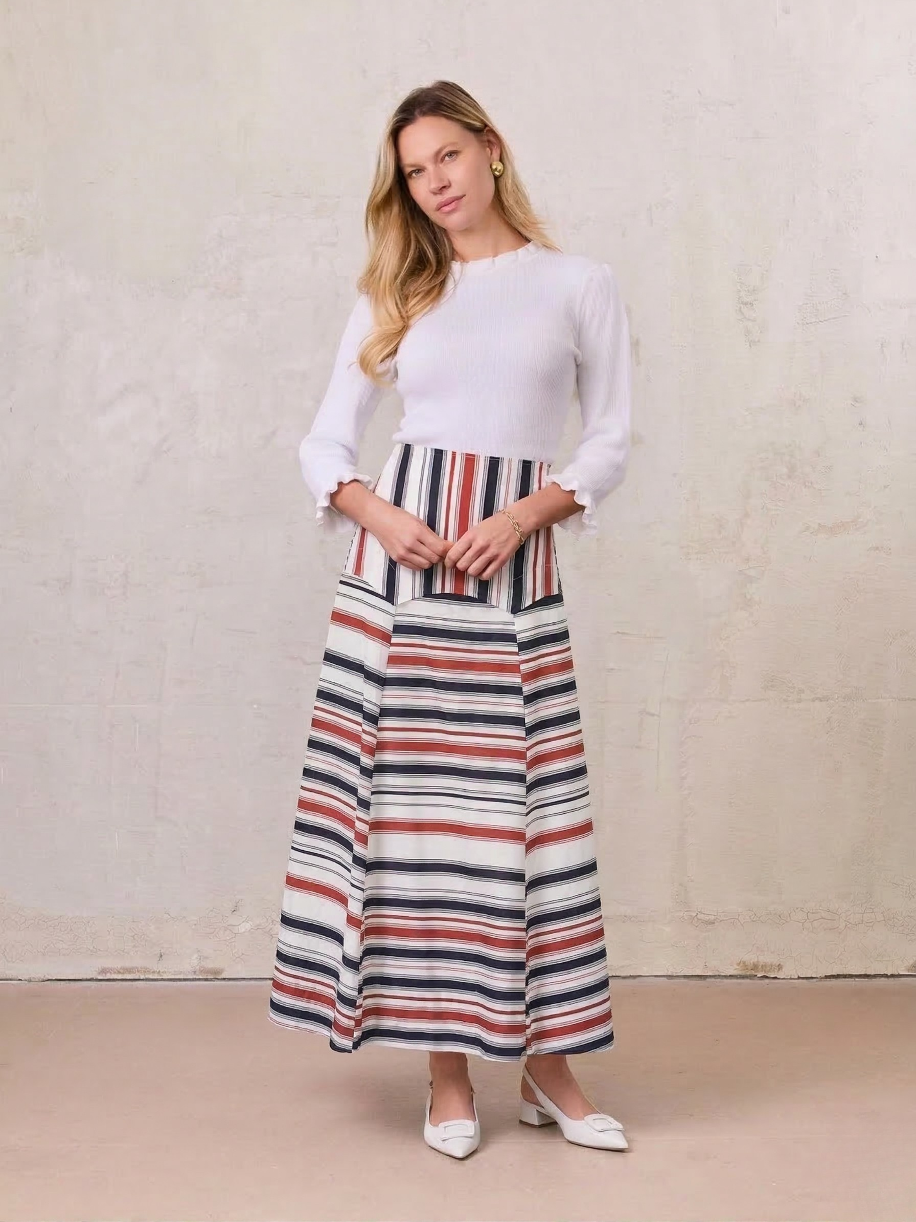 Pointed Yoke Skirt-Multi Stripe
