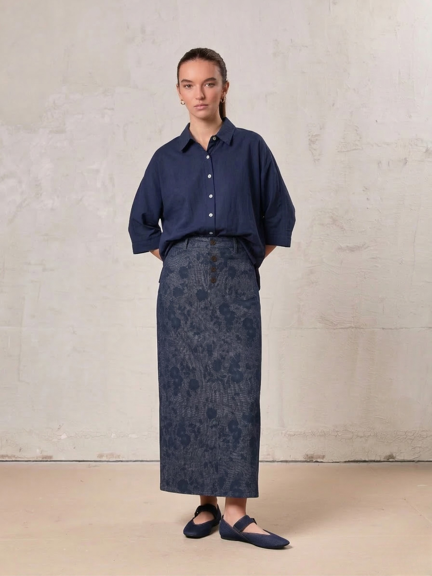 Straight Maxi Denim Skirt-Plaid Blue Floral