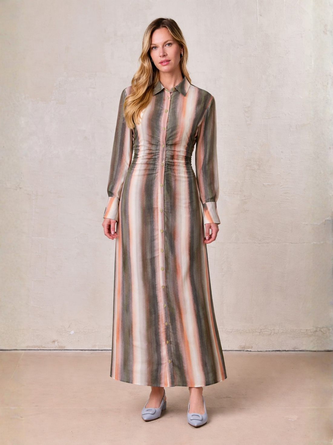 Front Shirred Shirtdress-Ombre Stripe