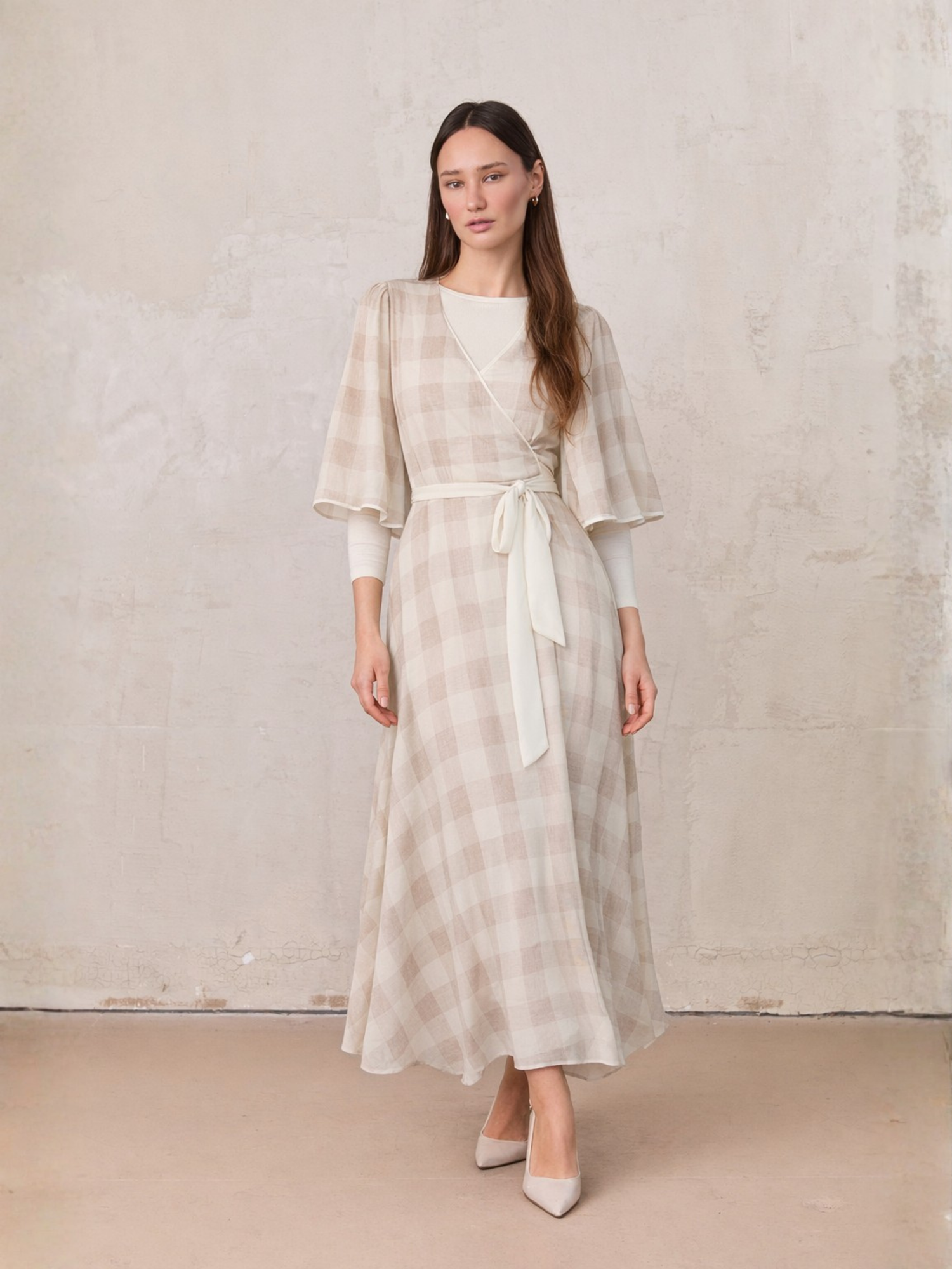 Flutter Sleeve Wrap Dress-Tan Gingham