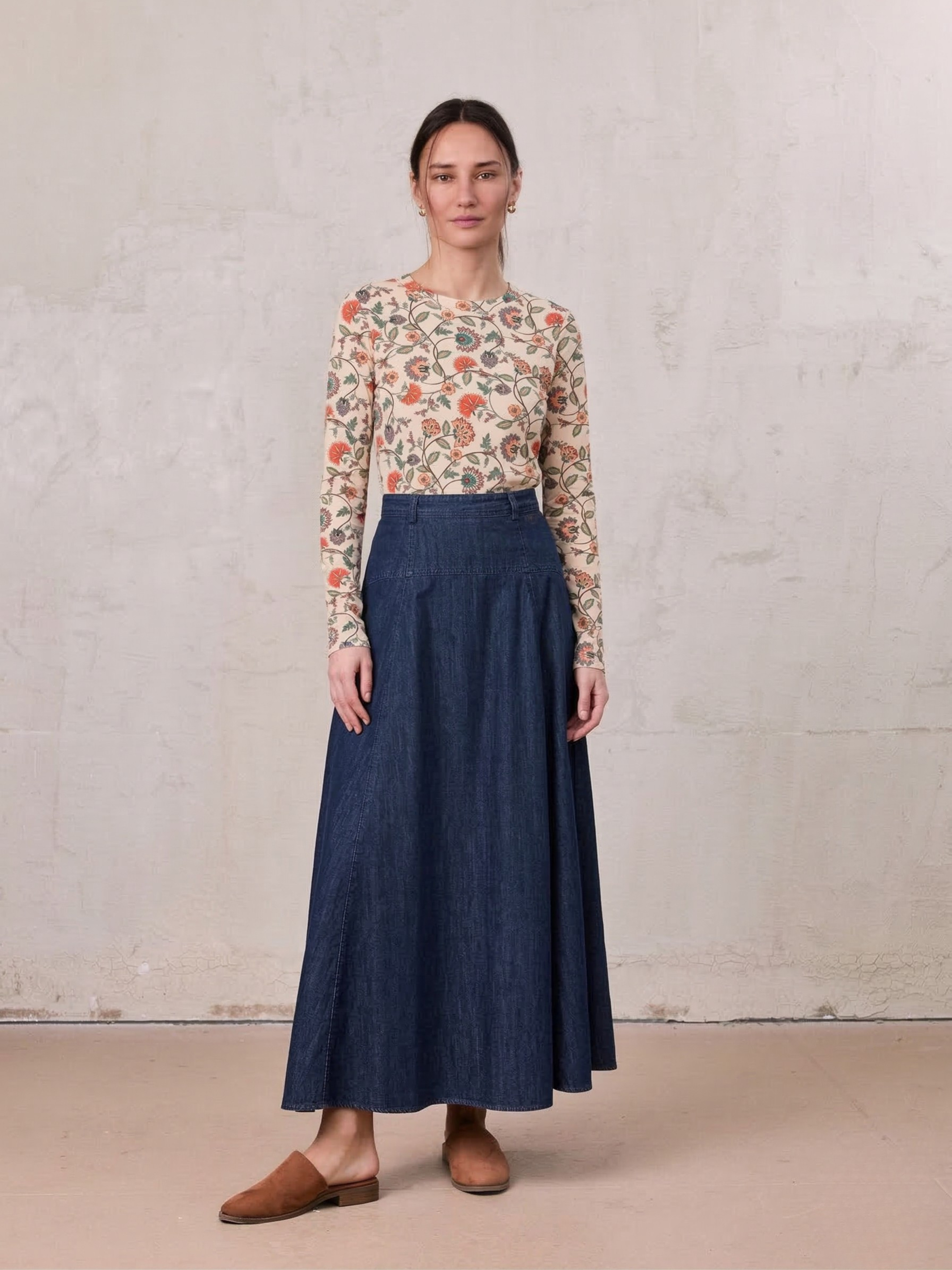 Denim Yoke Circle Skirt-Blue
