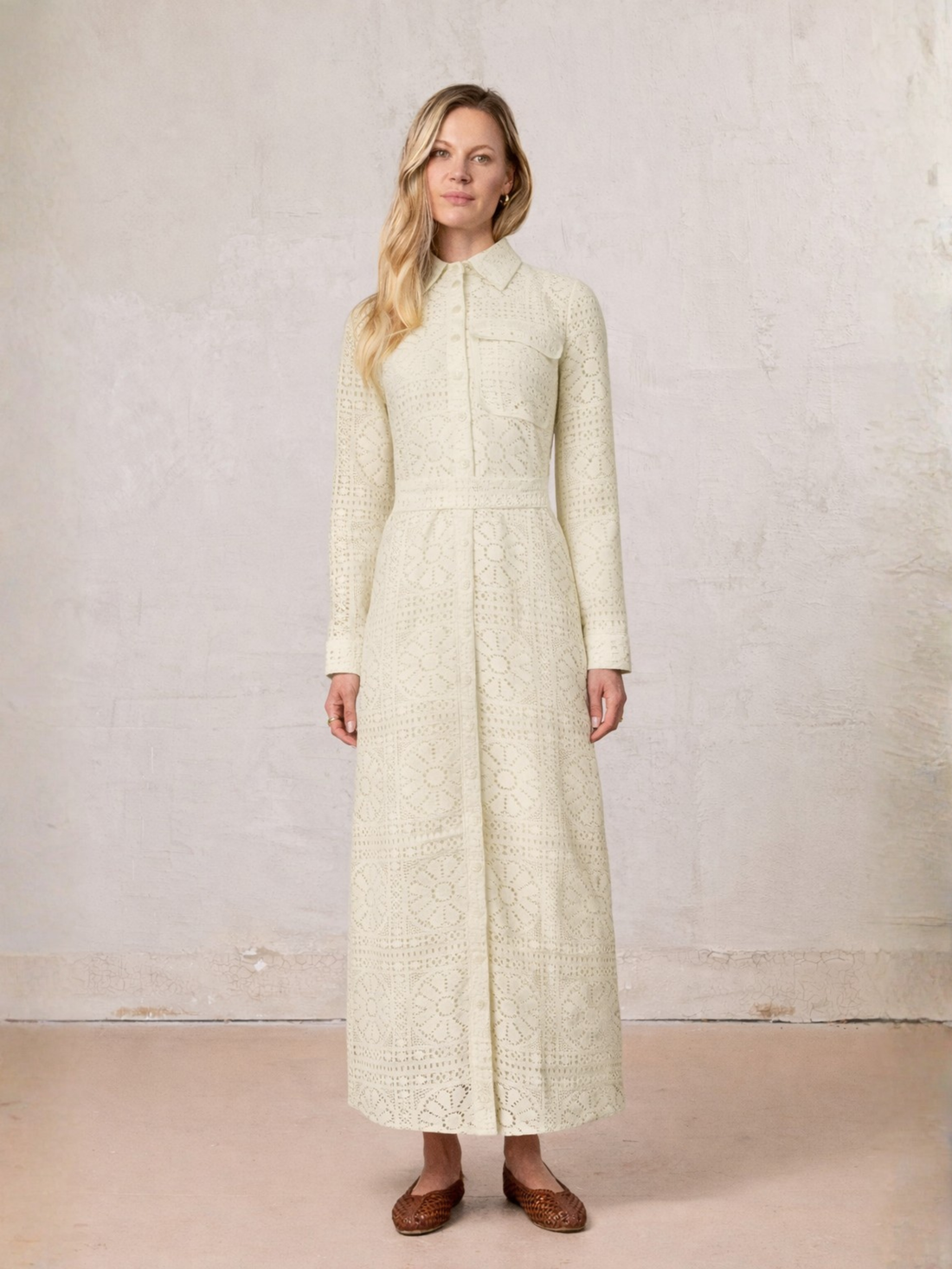 Lace Cutout Shirtdress-Cream