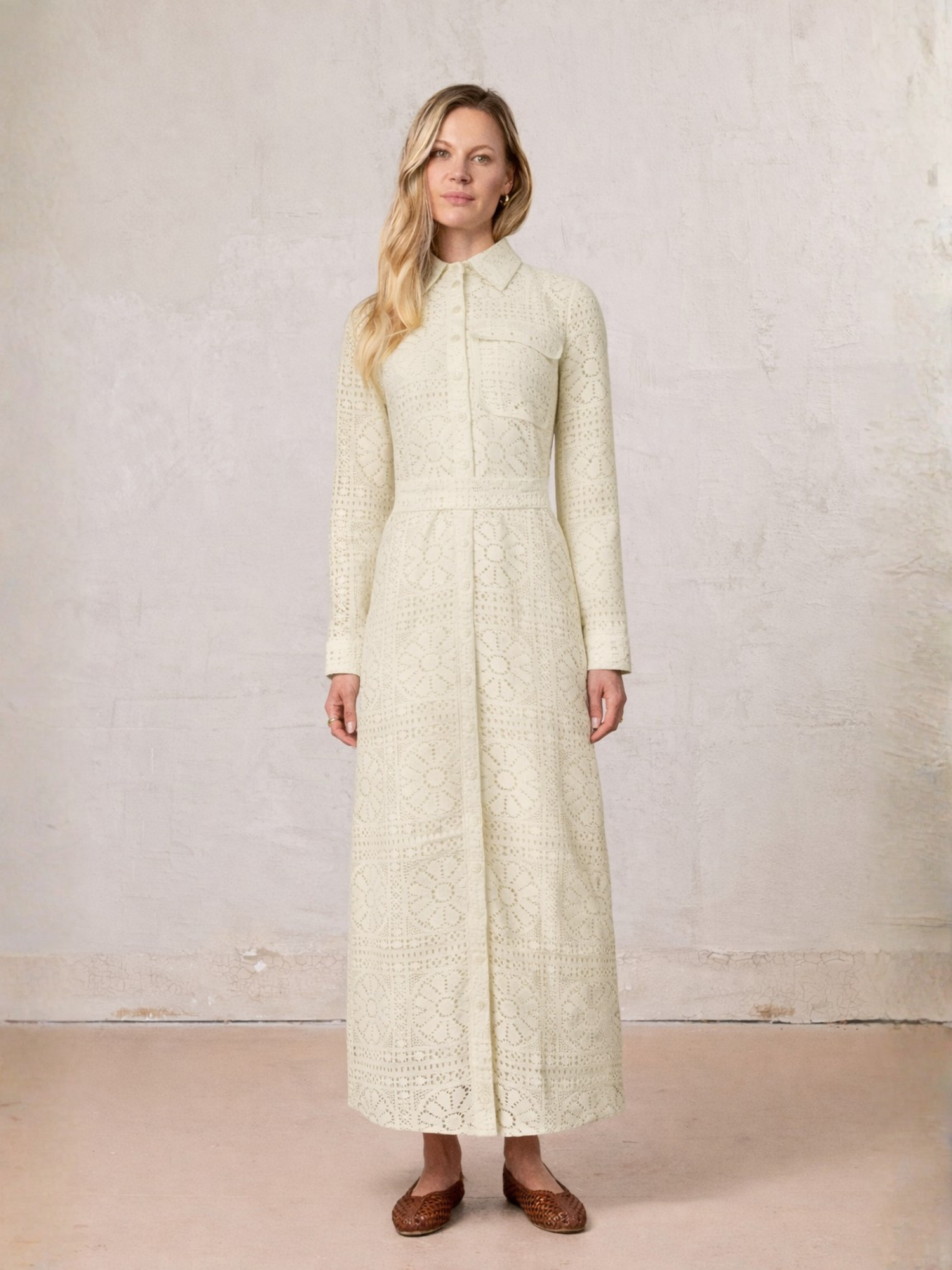 Lace Cutout Shirtdress-Cream